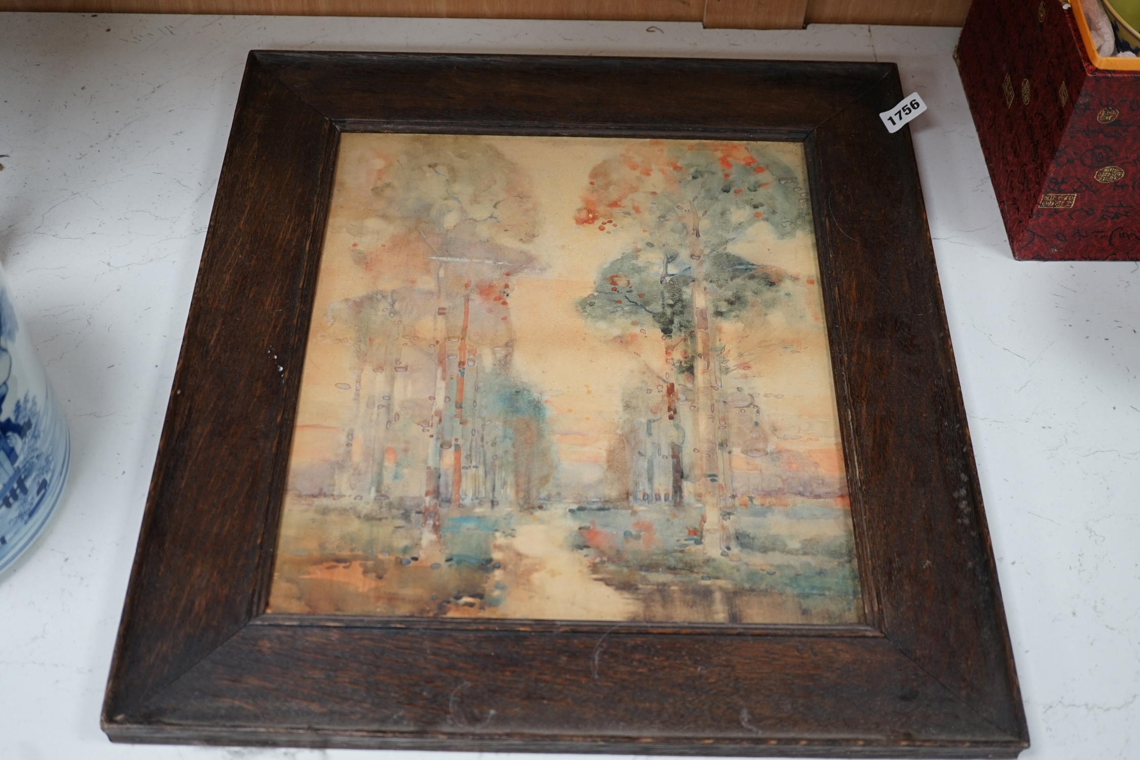 Scottish School, watercolour, Tree-lined landscape, 38 x 33cm. Condition - fair